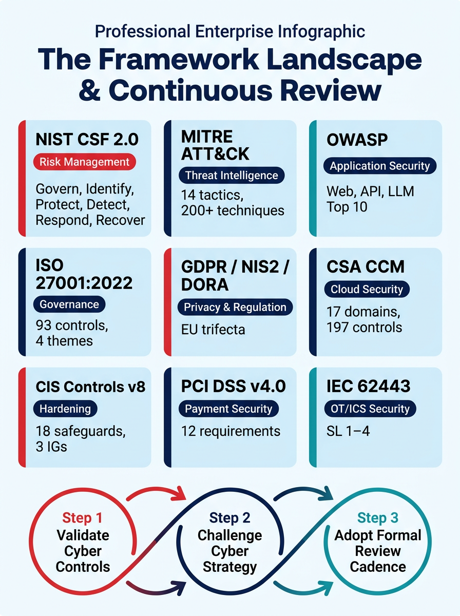 The Framework Landscape — NIST CSF 2.0, MITRE ATT&CK, OWASP, ISO 27001:2022, GDPR/NIS2/DORA, CSA CCM, CIS Controls v8, PCI DSS v4.0, IEC 62443 — plus the three-step continuous review cycle
