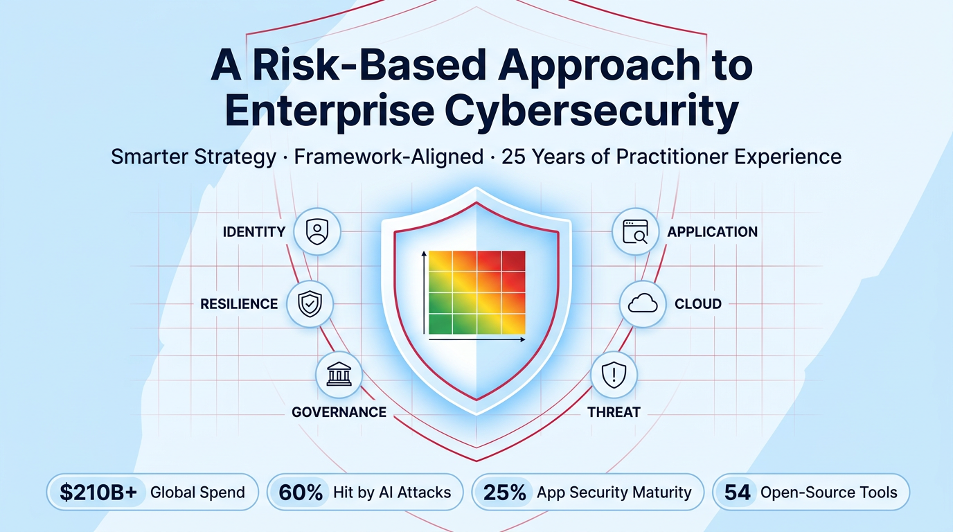 A Risk-Based Approach to Enterprise Cybersecurity — identity, application, cloud, governance, threat, and resilience around a central risk heat map