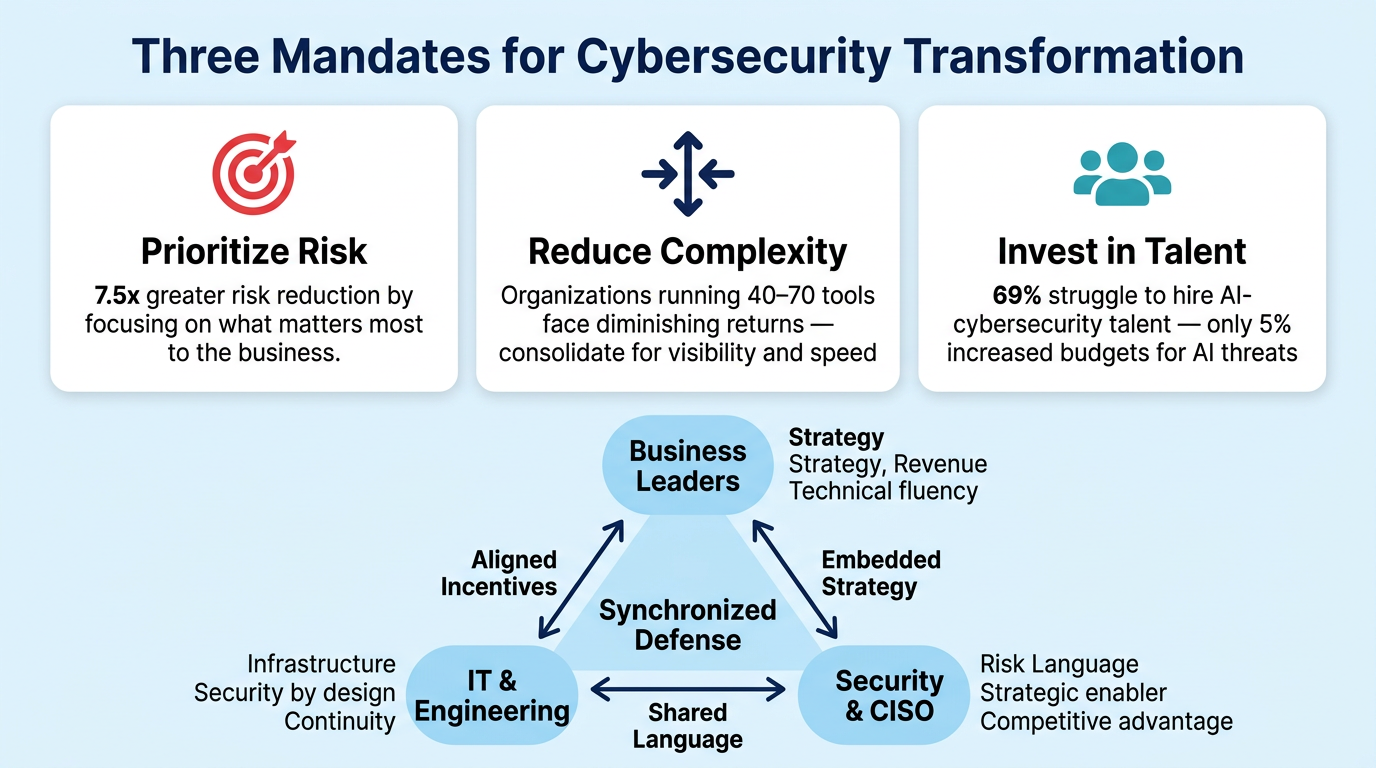 Three Mandates for Cybersecurity Transformation — Prioritize Risk, Reduce Complexity, Invest in Talent — plus the Synchronized Defense triangle across Business, IT, and Security