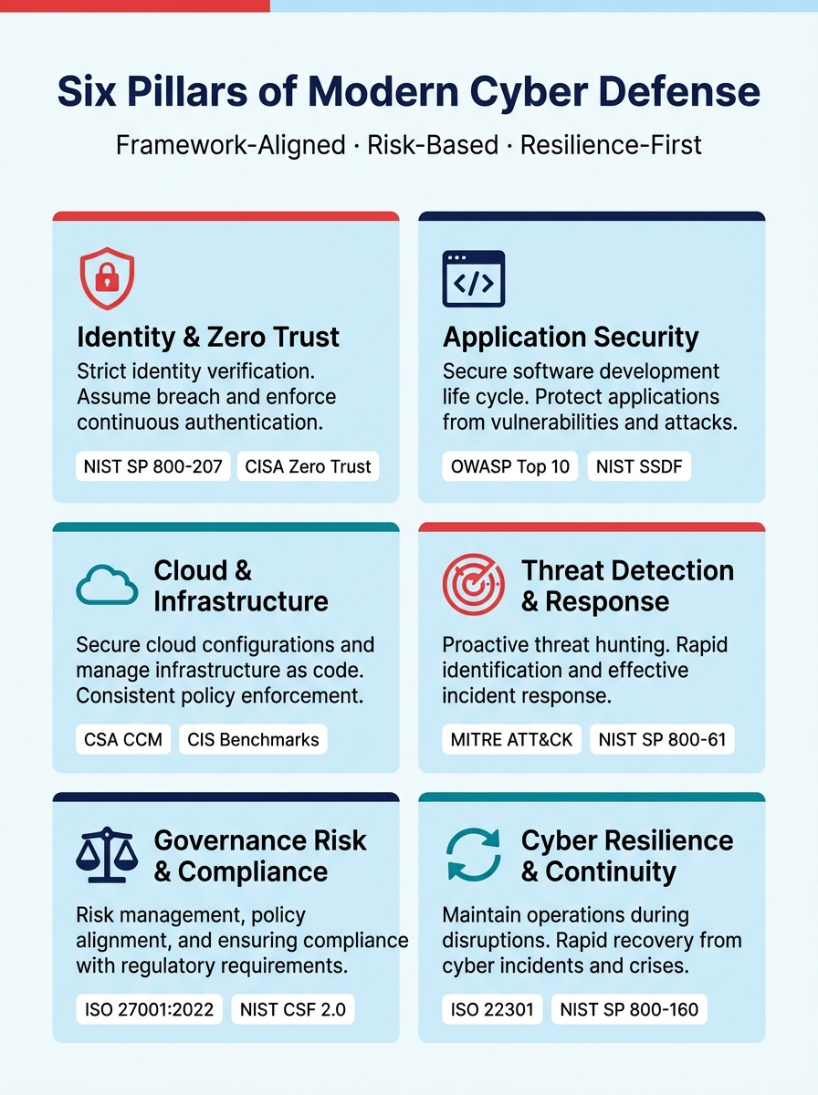 Six Pillars of Modern Cyber Defense — Identity & Zero Trust, Application Security, Cloud & Infrastructure, Threat Detection & Response, Governance Risk & Compliance, and Cyber Resilience & Continuity